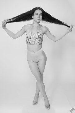 2019-12-14 Kristine Gold in retro  beige top and lycra pantie girdle.