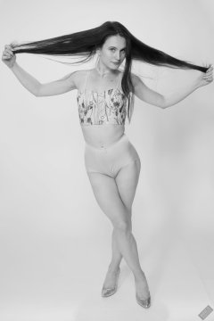 2019-12-14 Kristine Gold in retro  beige top and lycra pantie girdle.