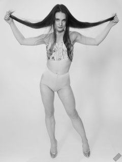 2019-12-14 Kristine Gold in retro  beige top and lycra pantie girdle.