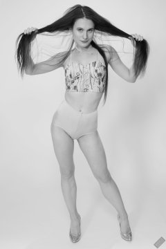 2019-12-14 Kristine Gold in retro  beige top and lycra pantie girdle.