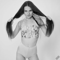 2019-12-14 Kristine Gold in retro  beige top and lycra pantie girdle.