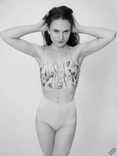 2019-12-14 Kristine Gold in retro  beige top and lycra pantie girdle.