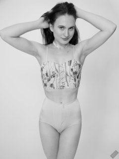 2019-12-14 Kristine Gold in retro  beige top and lycra pantie girdle.