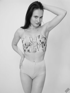 2019-12-14 Kristine Gold in retro  beige top and lycra pantie girdle.