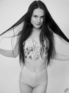 2019-12-14 Kristine Gold in retro  beige top and lycra pantie girdle.