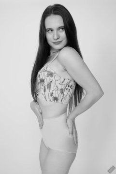 2019-12-14 Kristine Gold in retro  beige top and lycra pantie girdle.