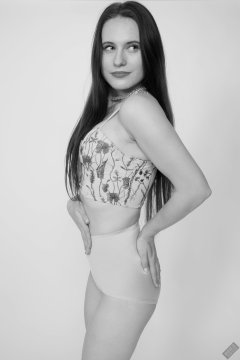 2019-12-14 Kristine Gold in retro  beige top and lycra pantie girdle.