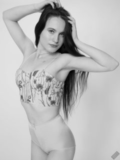 2019-12-14 Kristine Gold in retro  beige top and lycra pantie girdle.