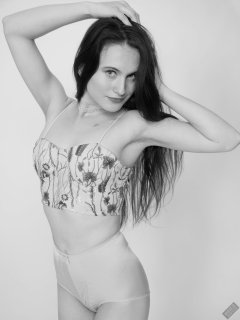 2019-12-14 Kristine Gold in retro  beige top and lycra pantie girdle.