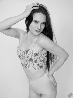 2019-12-14 Kristine Gold in retro  beige top and lycra pantie girdle.