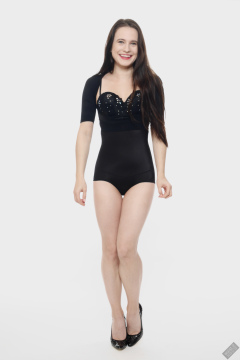 2019-12-14 Kristine Gold in retro-style black posture top and high waist control briefs performing her posing repertoire