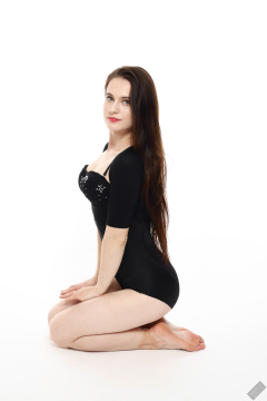 2019-12-14 Kristine Gold in retro-style black posture top and high waist control briefs performing her posing repertoire