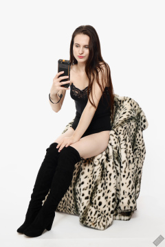 2019-12-14 Kristine Gold in black vintage longline strapless bra-top and matching high-waist control briefs, with her own black leather thigh boots