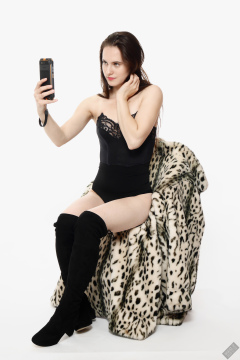 2019-12-14 Kristine Gold in black vintage longline strapless bra-top and matching high-waist control briefs, with her own black leather thigh boots