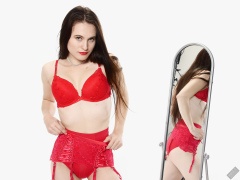 2019-12-14 Kristine Gold vintage pinup christmas shoot in red bra and girdle, mirror shot
