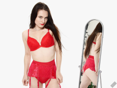 2019-12-14 Kristine Gold vintage pinup christmas shoot in red bra and girdle, mirror shot