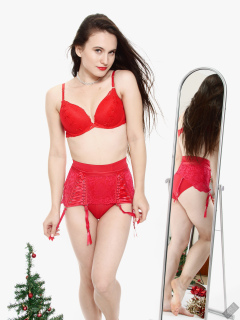 2019-12-14 Kristine Gold vintage pinup christmas shoot in red bra and girdle, mirror shot