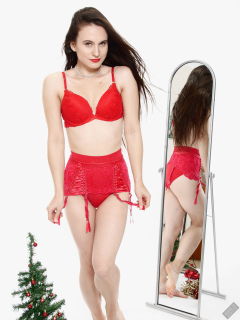 2019-12-14 Kristine Gold vintage pinup christmas shoot in red bra and girdle, mirror shot