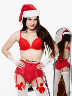 2019-12-14 Kristine Gold vintage pinup christmas shoot in red bra and girdle, mirror shot
