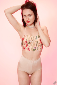 2019-12-14 Kristine Gold in retro  beige top and lycra pantie girdle.