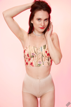 2019-12-14 Kristine Gold in retro  beige top and lycra pantie girdle.