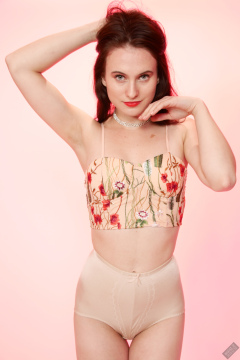 2019-12-14 Kristine Gold in retro  beige top and lycra pantie girdle.