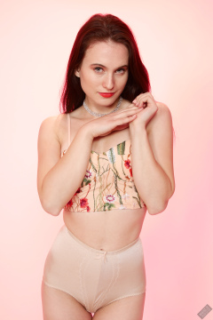 2019-12-14 Kristine Gold in retro  beige top and lycra pantie girdle.