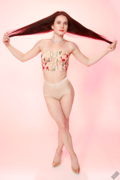 2019-12-14 Kristine Gold in retro  beige top and lycra pantie girdle.