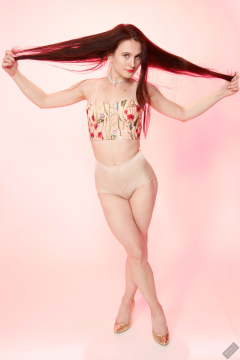 2019-12-14 Kristine Gold in retro  beige top and lycra pantie girdle.