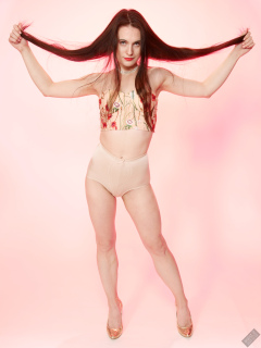 2019-12-14 Kristine Gold in retro  beige top and lycra pantie girdle.