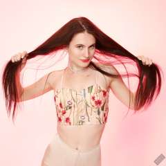 2019-12-14 Kristine Gold in retro  beige top and lycra pantie girdle.