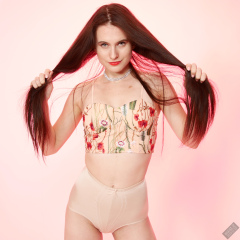 2019-12-14 Kristine Gold in retro  beige top and lycra pantie girdle.