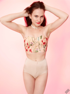 2019-12-14 Kristine Gold in retro  beige top and lycra pantie girdle.