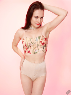 2019-12-14 Kristine Gold in retro  beige top and lycra pantie girdle.