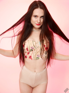 2019-12-14 Kristine Gold in retro  beige top and lycra pantie girdle.