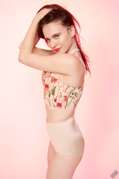 2019-12-14 Kristine Gold in retro  beige top and lycra pantie girdle.