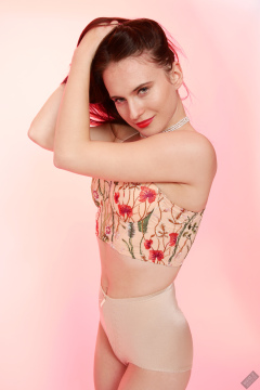 2019-12-14 Kristine Gold in retro  beige top and lycra pantie girdle.