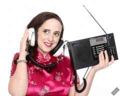 2020-01-04 Alex Allure in pink silk cheongsam, listening to Sony ICF2001 shortwave radio