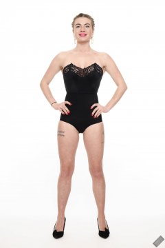2020-01-18 Danni Moss in black strapless bra and waist-nipper control briefs