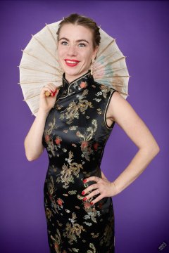 2020-01-18 Danni Moss in black full-length silk cheongsam dress