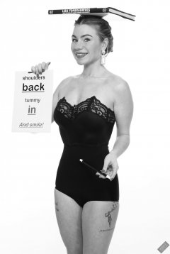 2020-01-18 Danni Moss in black strapless bra and waist-nipper control briefs