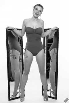 2020-01-18 Danni Moss in her own pale-blue one-piece swimsuit