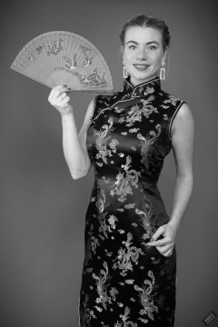 2020-01-18 Danni Moss in black full-length silk cheongsam dress