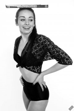2020-02-02 Jessica Maria retro-fitness session, wearing vintage black lace top, and tight black vintage-style control briefs, worn as hotpants