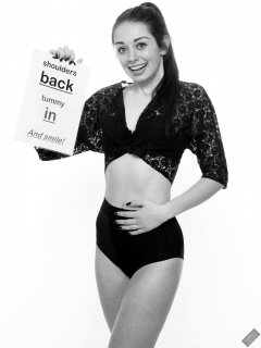 2020-02-02 Jessica Maria retro-fitness session, wearing vintage black lace top, and tight black vintage-style control briefs, worn as hotpants