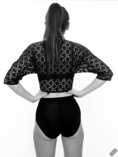 2020-02-02 Jessica Maria retro-fitness session, wearing vintage black lace top, and tight black vintage-style control briefs, worn as hotpants