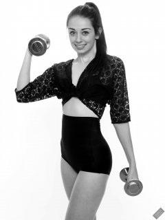 2020-02-02 Jessica Maria in vintage black lace top and tight black high-waist control briefs worn as hotpants