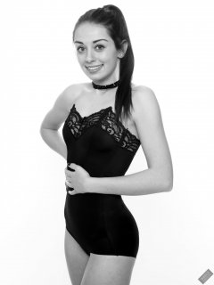 2020-02-02 Jessica Maria in black strapless bra and high-waist control-briefs, worn as hotpants