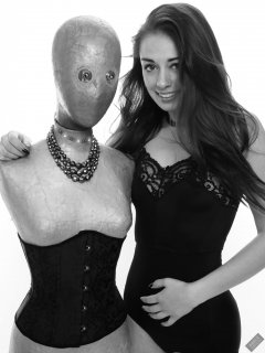 2020-02-02 Jessica Maria with illuminated "alien" mannequin. Jessica wears  black strapless bra and high-waist control-briefs, worn as hotpants