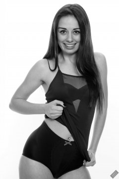 2020-02-02 Jessica Maria in her own blue dress, worn over matching blue vintage-style blue strapless bra and tummy-panel pantie girdle